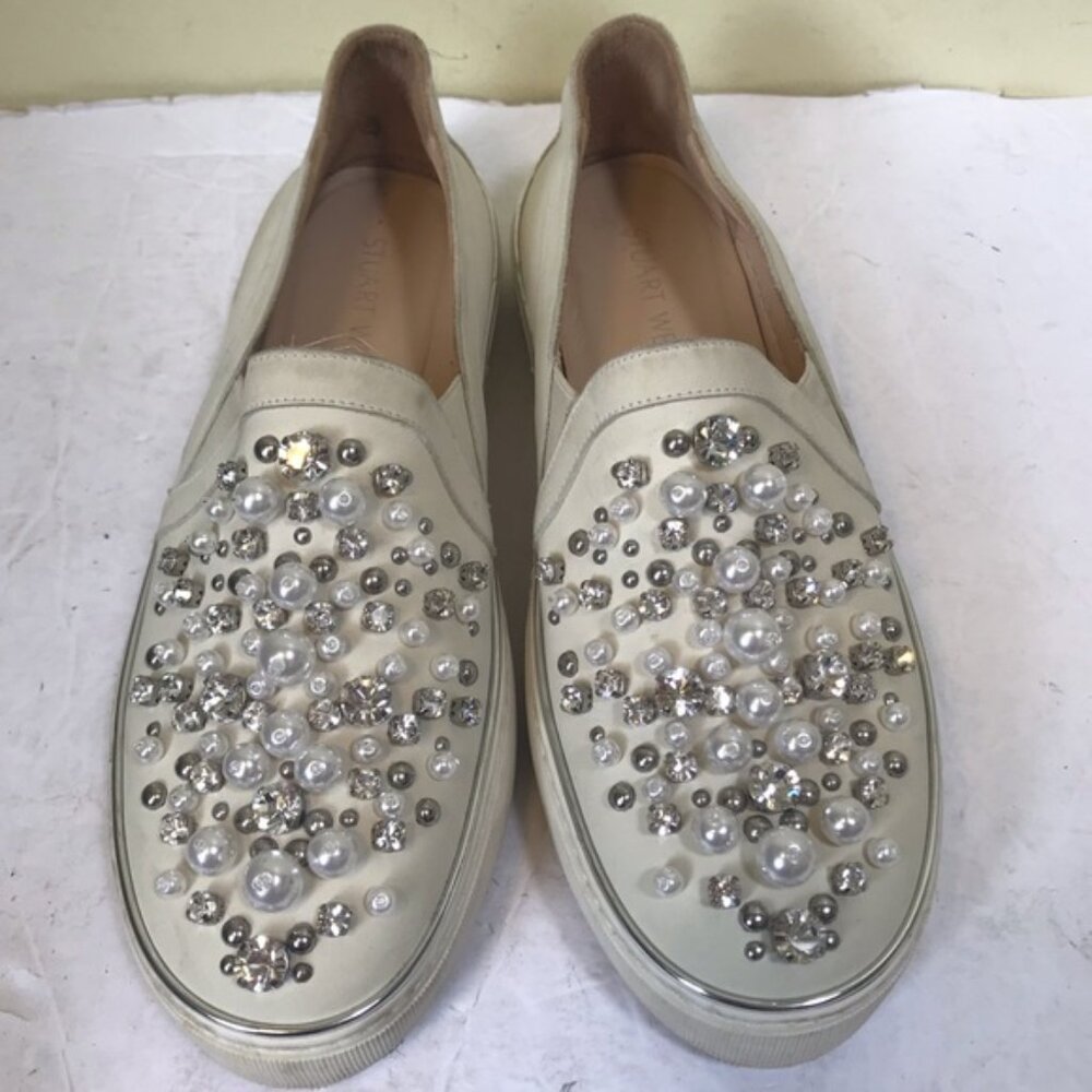 Stuart Weitzman Pearl Embellished Leather SlipOn Platform Sneakers Shoe Slides 7 - Picture 5 of 16